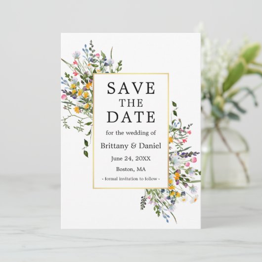 Fijne Waterverf Wildbloemen Gold Sage Green Save The Date (Staand voorkant)
