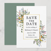 Fijne Waterverf Wildbloemen Gold Sage Green Save The Date (Voorkant / Achterkant)