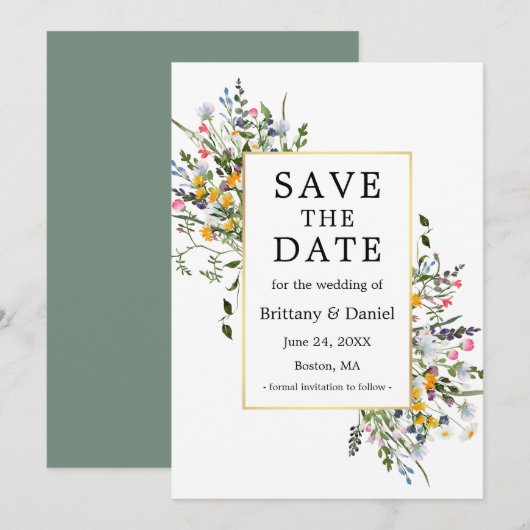 Fijne Waterverf Wildbloemen Gold Sage Green Save The Date (Voorkant / Achterkant)