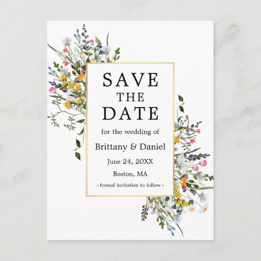 Fijne Waterverf Wildbloemen Goud sparen de datum Briefkaart (Voorkant)