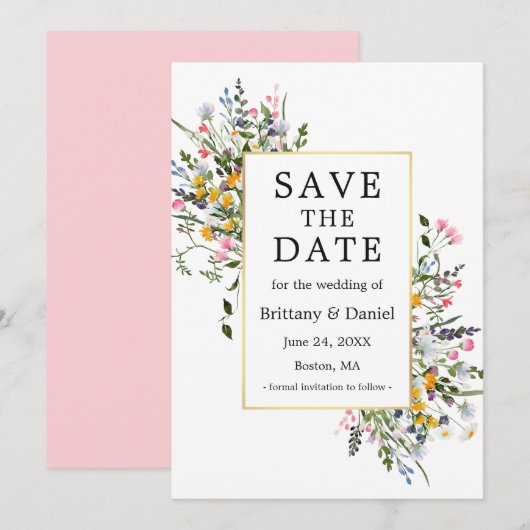 Fijne Waterverf Wildbloemen Roze Blush Save The Date (Voorkant / Achterkant)