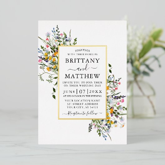 Fijne Waterverf Wildbloemen Weddenschap goud Folie Uitnodiging (Staand Voorkant)