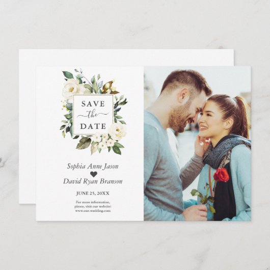 Fijne Waterverf Witte bloemen Foto bruiloft Save The Date (Voorkant / Achterkant)