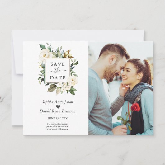 Fijne Waterverf Witte bloemen Foto bruiloft Save The Date (Voorkant)