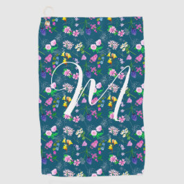 Fijne wilde bloemen in donkerblauw. Custom Golfhanddoek