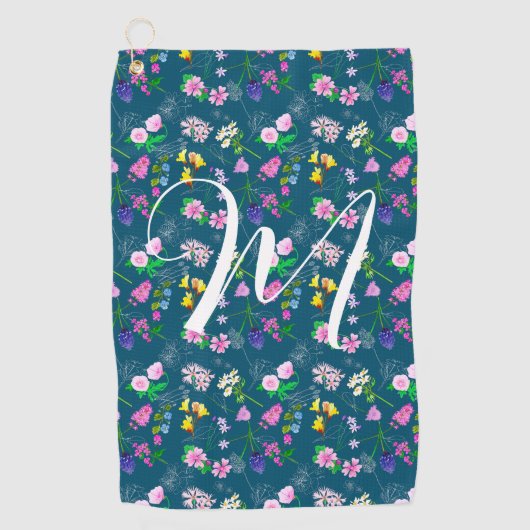 Fijne wilde bloemen in donkerblauw. Custom Golfhanddoek (Voorkant)