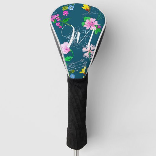 Fijne wilde bloemen in donkerblauw. Custom Golfheadcover (Voorkant)