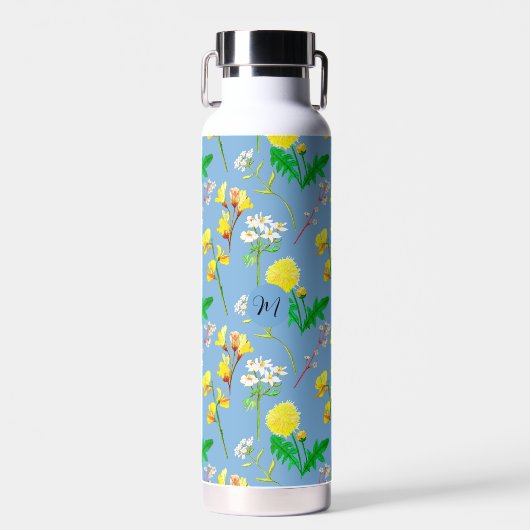 Fijne wilde bloemen in hemelsblauw. Custom. Waterfles (Voorkant)