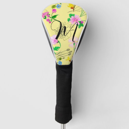 Fijne wilde bloemen in lichtgeel. Custom. Golfheadcover (Voorkant)