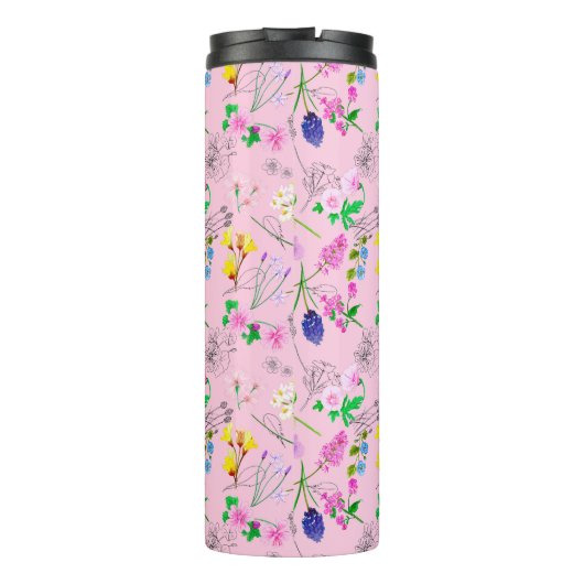 Fijne wilde bloemen in lichtroze. Custom. Thermosbeker (Achterkant)