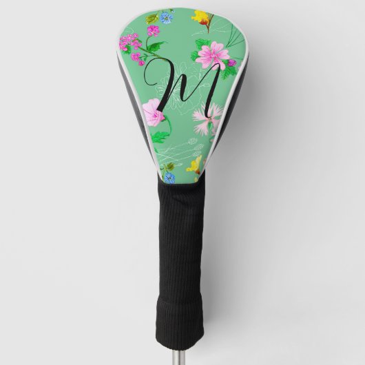 Fijne wilde bloemen in mintgroen. Custom Golfheadcover (Voorkant)