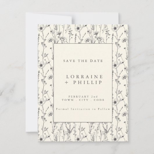 Fijne wilde bloemen tuin bruiloft save the date (Voorkant)