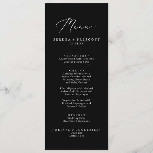 Fijne Wit op het zwarte Calligrafiedrukdiner Menu (Voorkant)