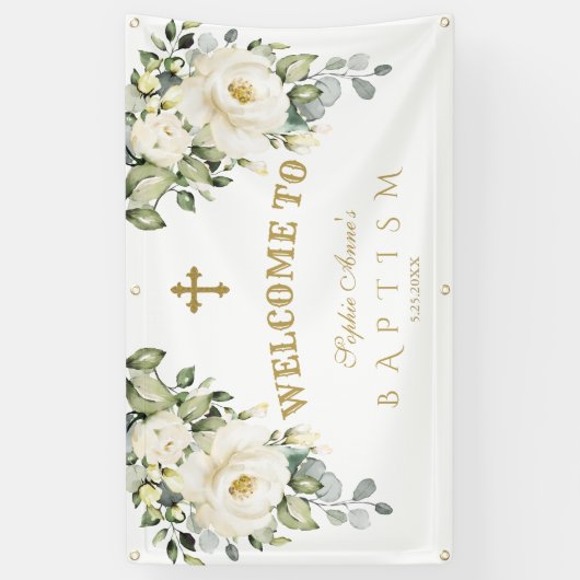 Fijne witte bloem gouden doop welkomstbord spandoek (Verticaal)