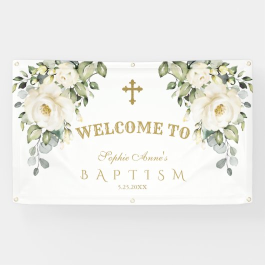 Fijne witte bloem gouden doop welkomstbord spandoek (Horizontaal)