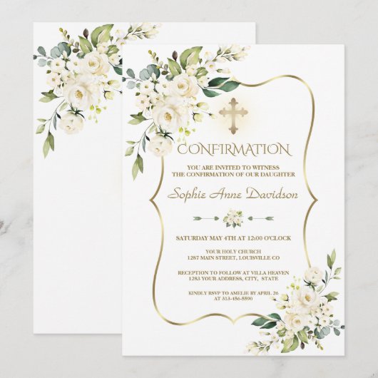 Fijne Witte bloemen Gold Cross-bevestiging Kaart (Voorkant / Achterkant)