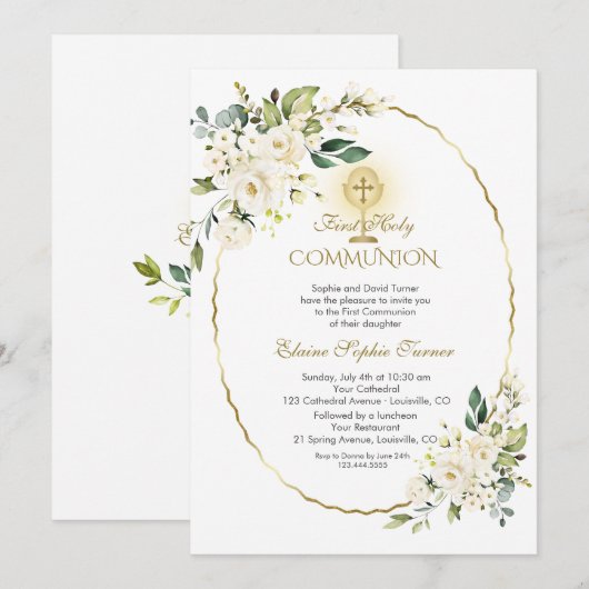 Fijne Witte bloemen Goud Eerste Heilige Communie Kaart (Voorkant / Achterkant)