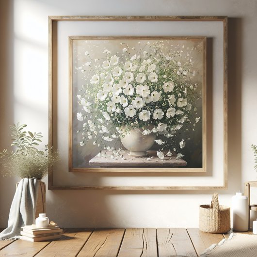 Fijne witte bloemen in vaas poster