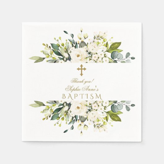 Fijne witte crèmebloemen Gold Cross-Baptisme Servet (Voorkant)