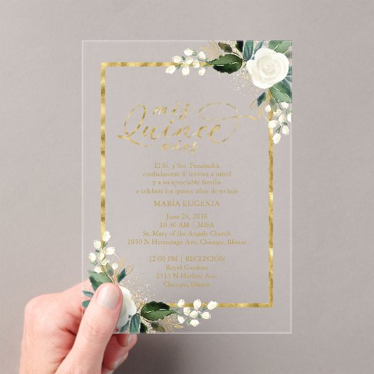 Fijne witte en gouden bloemenquinceañera acryl uitnodigingen (Insitu (Draagbaar))