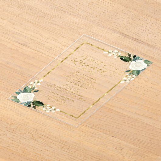 Fijne witte en gouden bloemenquinceañera acryl uitnodigingen (Laagn)
