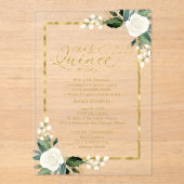 Fijne witte en gouden bloemenquinceañera acryl uitnodigingen (Voorkant)