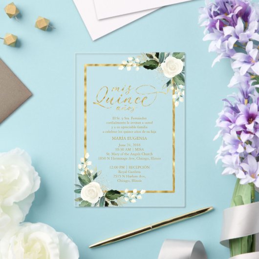 Fijne witte en gouden bloemenquinceañera acryl uitnodigingen (Insitu (Huwelijk))