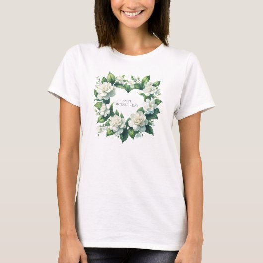 Fijne witte gardenie hartkrans Moederdag T-shirt (Voorkant)
