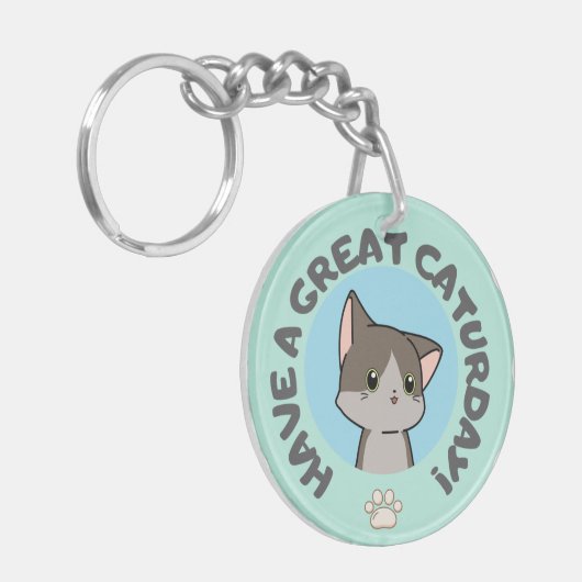 Fijne zaterdag! Manga cartoon schattige poes Sleutelhanger (Voorkant Links)