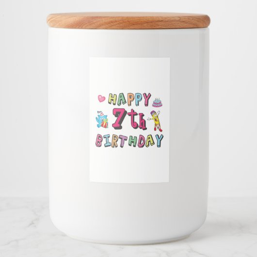 Fijne zevende verjaardag. 7 jaar oud. voedselcontainer etiket (Voorkant)