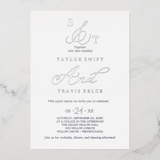 Fijne zilverfolie | Formele monogram bruiloft Folie Uitnodiging (Voorkant)