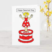 Fijne Zoetste dag, Cartoon Lady op een Cake. Kaart (Gele Bloem)