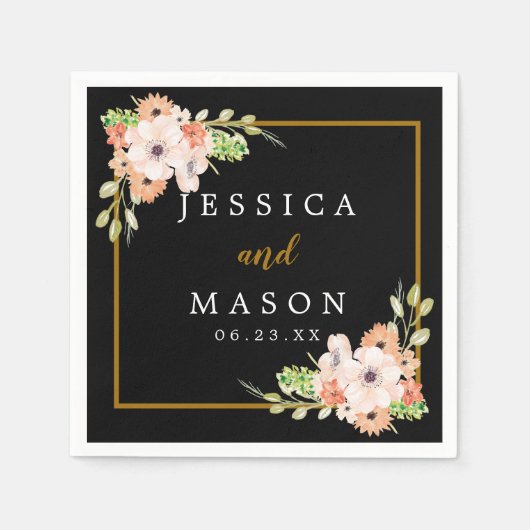 Fijne zwarte bloemenbruiloft cocktail servetten (Voorkant)