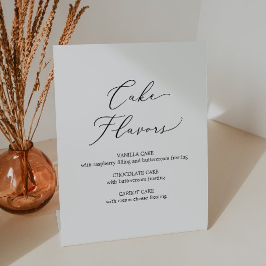 Fijne zwarte kalligrafie bruiloft taart smaken reclamebord met voetstuk