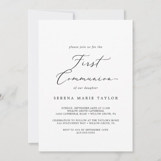 Fijne zwarte kalligrafie Eerste Communie Kaart (Voorkant)