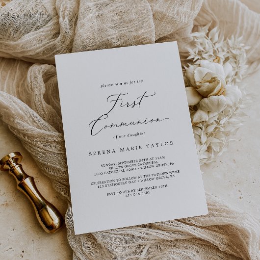 Fijne zwarte kalligrafie Eerste Communie Kaart