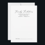 Fijne zwarte kalligrafie Familie Tradities Advieskaart<br><div class="desc">Deze delicate zwarte kalligrafie-familietraditieneuzenkaart is perfect voor een moderne bruiloft en kan voor elk evenement worden gebruikt. Het romantische, minimalistische design is voorzien van een mooie en elegante zwarte typografie op een witte achtergrond met een schone en eenvoudige look. Deze advieskaarten kunnen worden gebruikt als alternatief voor een bruiloft, een...</div>