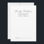 Fijne zwarte kalligrafie Familie Tradities Advieskaart<br><div class="desc">Deze delicate zwarte kalligrafie-familietraditieneuzenkaart is perfect voor een moderne bruiloft en kan voor elk evenement worden gebruikt. Het romantische, minimalistische design is voorzien van een mooie en elegante zwarte typografie op een witte achtergrond met een schone en eenvoudige look. Deze advieskaarten kunnen worden gebruikt als alternatief voor een bruiloft, een...</div>