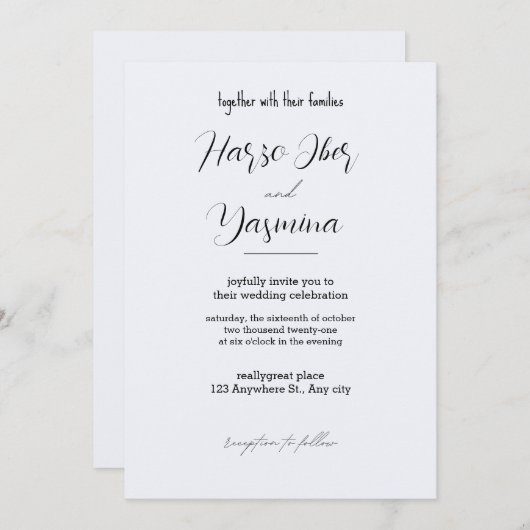 Fijne zwarte kalligrafie in één bruiloft, inclusie kaart (Voorkant / Achterkant)