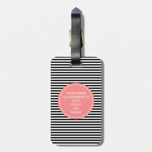 Fijne zwarte streep met koraalmonogram bagagelabel (Achterkant verticaal)