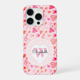 Fijnt Roze Hartpatroon & Monogram Wit Hart iPhone 16 Pro Hoesje