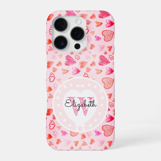 Fijnt Roze Hartpatroon & Monogram Wit Hart iPhone Hoesje (Achterkant)