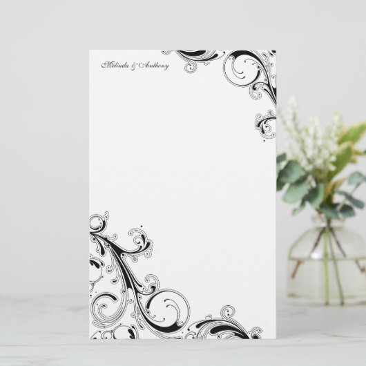 Filigraan Swirl Zwart 5.5 x 8.5 Stationery Briefpapier (Staand voorkant)