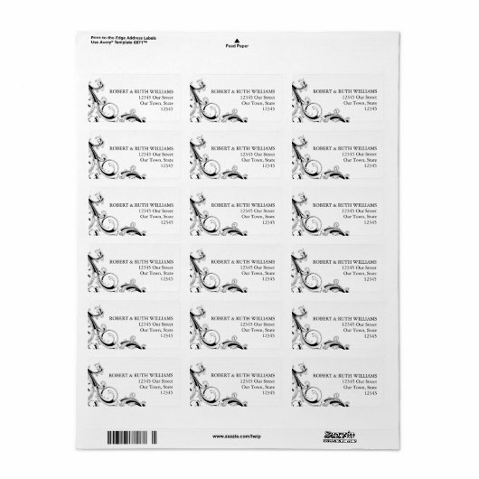 Filigraan Swirl Zwart met wit adreslabel Etiket (Full Sheet)