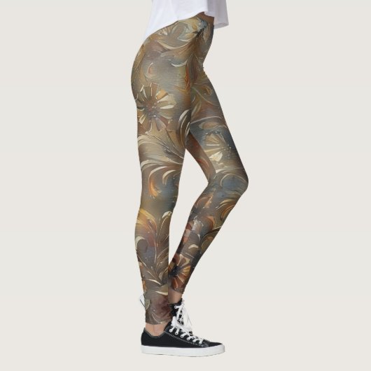 Filigree Bloemen Bloemen Bronzen Grijs Leggings (Rechts)