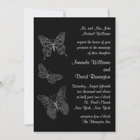 Filigree Butterfly Wedding Invitation in Black Kaart (Voorkant)