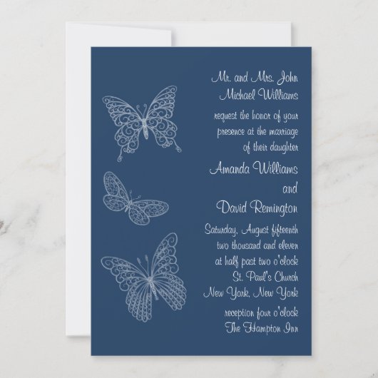 Filigree Butterfly Wedding Invitation in Blauwgroe Kaart (Voorkant)