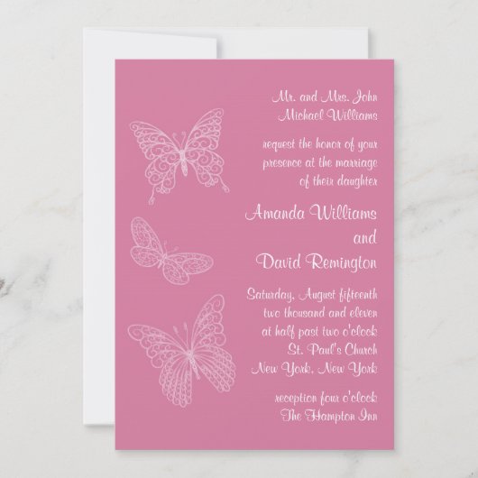 Filigree Butterfly Wedding Invitation in Pink Kaart (Voorkant)