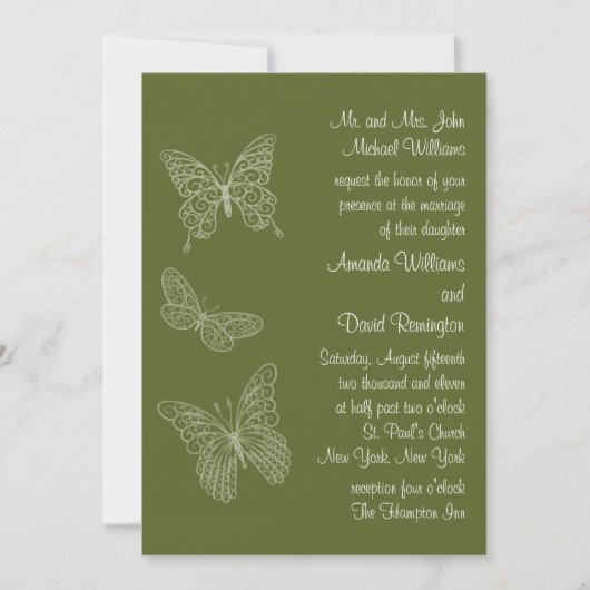Filigree Butterfly Wedding Invitation Olive Green Kaart (Voorkant)