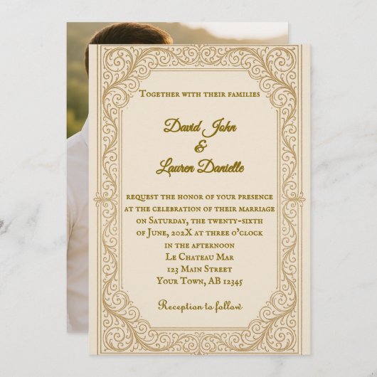 Filigree Fleur foto bruiloft uitnodiging (Voorkant / Achterkant)